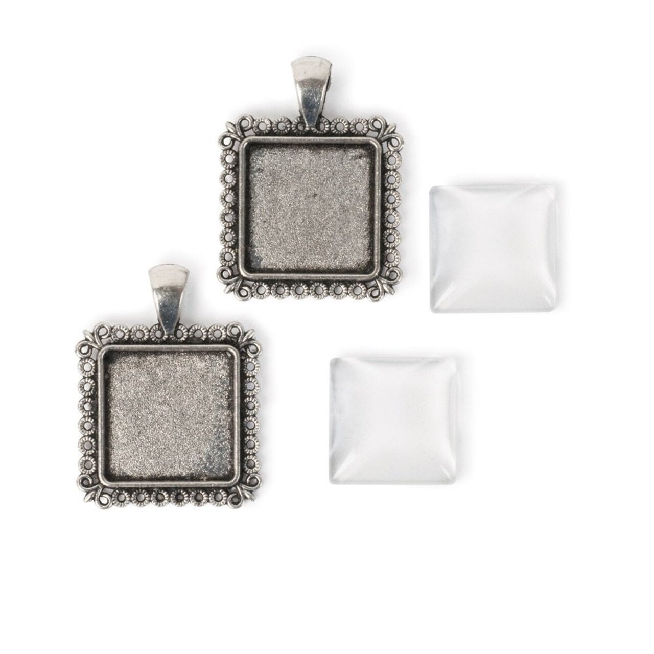 Picture Frame Pendants - Square with Decorative Border, Antiqued Imitation SIlver, for 20 mm Pictures - Set of Two